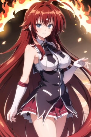 1GIRL RIAS_GREMORY,red hair, ahoge, blue eyes,SMMars, very long hair, parted bangs, sailor senshi uniform, red sailor collar, red skirt, elbow gloves, standing, cowboy shot, smile, cartoon flames in background, stylized background