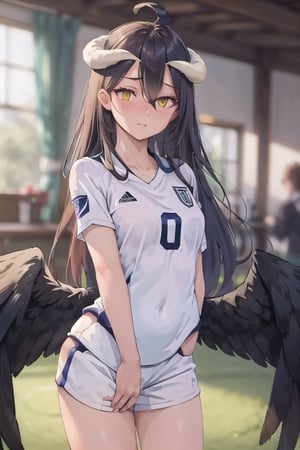 (wearing soccer_uniform:1.3),white uniform, good hand,4k, high-res, masterpiece, best quality, head:1.3,((Hasselblad photography)), finely detailed skin, sharp focus, (cinematic lighting), collarbone, night, soft lighting, dynamic angle, [:(detailed face:1.2):0.2],(((inside_soccer_field))), solo,wearing, soccer_uniform,inside soccer_field,wearing soccer_uniform, al1, demon horns, slit pupils, black wings, feathered wings, low wings