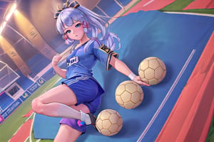 (wearing soccer_uniform:1.3),silver uniform, good hand,4k, high-res, masterpiece, best quality, head:1.3,((Hasselblad photography)), finely detailed skin, sharp focus, (cinematic lighting), collarbone, night, soft lighting, dynamic angle, [:(detailed face:1.2):0.2],(((inside_soccer_field))), solo,wearing, soccer_uniform,inside soccer_field,KAMISATOAYAKADEF,wearing soccer_uniform