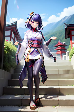 raidenshogundef, full body, smile, blush, outdoors, day, simple background, blue sky, short hair, sky, temple, looking at viewer, stairs, mountain, moody lighting, facing viewer,long hair