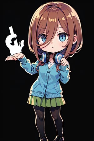 (chibi), full body, solo, 1girl, miku nakano, miku nakano, long hair, bangs, blue eyes, brown hair, shirt, hair between eyes, headphones, cardigan, headphones around neck, skirt, shirt, long sleeves, white shirt, pantyhose, pleated skirt, black pantyhose, cardigan, green skirt, blue cardigan,(masterpiece:1.2), best quality, high resolution, unity 8k wallpaper, (illustration:0.8), (beautiful detailed eyes:1.6), extremely detailed face, perfect lighting, extremely detailed CG, (perfect hands, perfect anatomy), blank_background