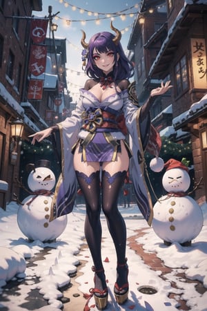 "Masterpiece in maximum 16K resolution, with dark fantasy style fused with Christmas elements, emphasizing a dynamic 3D perspective. | dressed in an intriguing skin-tight latex Christmas costume, displays enormous horns amid a city covered in snow. Around her, snowmen testify to her imposing presence. Her gaze challenges the viewer, as she reigns over the icy scenery. | The three-dimensional composition highlights the duality between the demonic aura and the Christmas atmosphere, with the snow creating a unique canvas. Cinematic lighting highlights the details of the costume and horns, while the snowmen add a playful touch. | Scene of a Demon Queen dominating a snowy city with her defiant gaze. | The camera, positioned close to the character , reveals her entire body as she adopts a dynamic pose, looking defiantly at the viewer. Dynamic tilts and leans add life to the composition. | (perfect_pose), She is adopting a ((dominant_pose as gases, standing in a snowy city, looking at the viewer):1.3), (perfect_hands), (perfect_fingers), (perfect_legs), (better_hands), Big, ((full body)), More Detail, purple eyes, long hair, purple hair",raidenshogundef