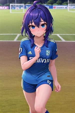 (wearing soccer_uniform:1.3),dark uniform, good hand,4k, high-res, masterpiece, best quality, head:1.3,((Hasselblad photography)), finely detailed skin, sharp focus, (cinematic lighting), collarbone, night, soft lighting, dynamic angle, [:(detailed face:1.2):0.2],(((inside_soccer_field))), solo,wearing, soccer_uniform,inside soccer_field,wearing soccer_uniform,