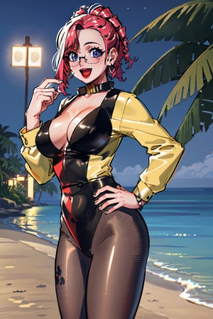Forest night view, masterpiece, best quality, highres,  gold earrings, large breasts, jewelry, long sleeves, black pantyhose, outdoors, standing cowboy shot, smile, open mouth, hand on hip,pikkyharleyquinn,1girl,two-tone hair,multicolored hair, ((beach at night)),km1,  glasses