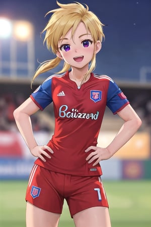 (wearing soccer_uniform:1.3),red uniform, good hand,4k, high-res, masterpiece, best quality, head:1.3,((Hasselblad photography)), finely detailed skin, sharp focus, (cinematic lighting), collarbone, night, soft lighting, dynamic angle, [:(detailed face:1.2):0.2],(((inside_soccer_field))), outside, outdoors, standing cowboy shot, smile, open mouth, hand on hip,BBYORF, SHORT HAIR WITH LONG LOCKS