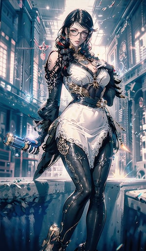 (8k, RAW photo, best quality, masterpiece:1.2), (realistic, photo-realistic:1.37), masterpiece, best quality (dynamic lighting:1.2), (depth of field), (sharp focus,) (hyper-detailed), (cinematic lighting,) (delicate elegant facial features)
,bayonetta_3_twintail_aiwaifu, wesring a black golden dress with filigree design on it, twin_tails, black hair, hair over forehead, hair between eyes, wearing round eye wear, ,fishnet design on chest and shoulders, wearing gloves, half gloves, cleavage, medium breast,  showing naval, naval exposed, pistol belt on her left hip, derailed lips, parted lips, in centerz full body, wearing high black heels ,no_humans,midjourney