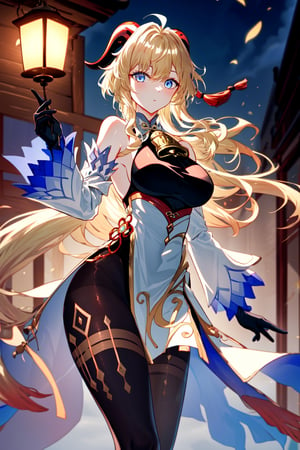 1girl, solo, ganyu \(genshin impact\),(bare shoulders, bell bottom, black gloves, black pantyhose, ((blonde hair)),  breasts, Chinese knot, loose sleeves, flower knot, gloves, horns, looking at viewer, large size breasts, flared neck, evening, open air, pantyhose, blue eyes, side locks, single, tassel, white sleeves), ((masterpiece)),kitagawa marin, red eyes