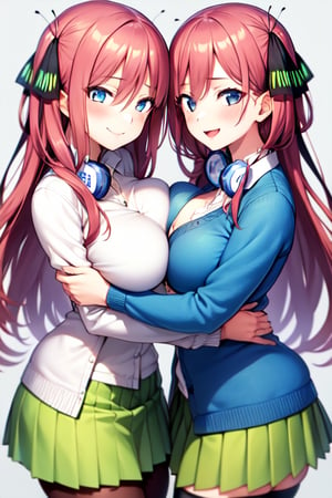 nakano nino, 2girls, pink hair, breast press, hugging, symmetrical docking, butterfly hair ornament, smile, white shirt, white thighhighs,  green skirt, black open cardigan, highly detailed, absurdres, masterpiece,  
AND nakano miku, 2girls, brown hair, hugging, breast press, symmetrical docking, hair between eyes, smile, pantyhose, green skirt, blue cardigan, headphones, highly detailed, absurdres, masterpiece,  