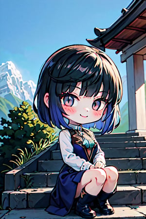 (chibi), full body, solo, 1girl, yelan_\(genshin_impact\),  upper body, smile, blush, outdoors, day, simple background, blue sky, short hair, sky, temple, looking at viewer, stairs, mountain, moody lighting, facing viewer,