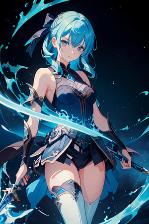 ((masterpiece, best quality)),a girl holding a sword, in the style of dark azure and light azure, mixes realistic and fantastical elements, vibrant manga, uhd image, glassy translucence, vibrant illustrations。
