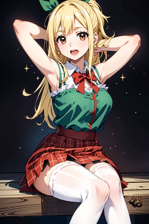 solo, 1girl, red skirt, skirt with stars on the bottom, skirt with white lace hem, ((green top)), red bow in the middle of her chest, long hair, blonde hair, hands behind her head, (white stockings with green and red decorations), green bow on the waist, the background is a starry night sky with colorful decorations and lights, the overall mood of the image is festive and joyful,Lucy_Heartfilia, brown eyes