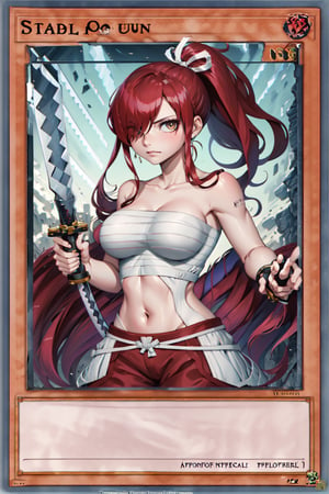 yugioh_card, masterpiece, best quality,  highres, fairy tail, 1girl, long hair, red hair, ponytail, white ribbon, hair over one eye, brown eyes, large breasts, collarbone, chest sarashi, bandage, bare arms, midriff, red hakama, red pants, standing, holding weapon, sword, katana