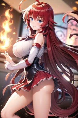 1GIRL RIAS_GREMORY,red hair, ahoge, blue eyes,very long hair, parted bangs, sailor senshi uniform, red sailor collar, red skirt, elbow gloves, standing, cowboy shot, smile, cartoon flames in background, stylized background,