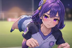 (wearing soccer_uniform:1.3),purple uniform, good hand,4k, high-res, masterpiece, best quality, head:1.3,((Hasselblad photography)), finely detailed skin, sharp focus, (cinematic lighting), collarbone, night, soft lighting, dynamic angle, [:(detailed face:1.2):0.2],(((inside_soccer_field))), solo,raidenshogundef