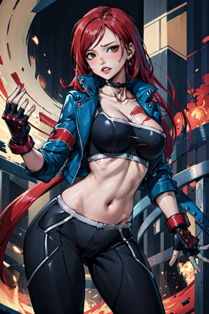 masterpiece, best quality, highres, 1girl, scar on cheek, large breasts, black choker, collarbone, blue jacket, cropped jacket, open jacket, sports bra, midriff, fingerless gloves, black gloves, black pants, , standing, cowboy shot, stair, outdoors, alone, solo, erza scarlet, fairy tail, red hair, brown eyes, long hair, looking at viewer, tattoo on left arm, red color, fairy tail
,fairy tail, 
hair over one eye, 