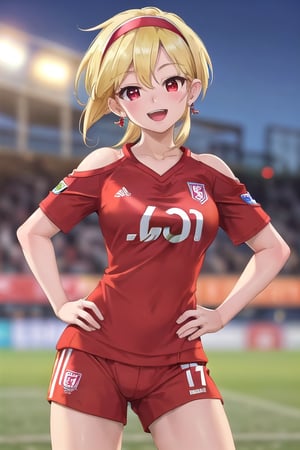 (wearing soccer_uniform:1.3),red uniform, good hand,4k, high-res, masterpiece, best quality, head:1.3,((Hasselblad photography)), finely detailed skin, sharp focus, (cinematic lighting), collarbone, night, soft lighting, dynamic angle, [:(detailed face:1.2):0.2],(((inside_soccer_field))), outside, outdoors, standing cowboy shot, smile, open mouth, hand on hip,BBYORF, short hair with long locks, white hairband, red eyes, gold earrings, large breasts, jewelry, off shoulder, red sweater, outdoors, standing cowboy shot, smile, open mouth, hand on hip