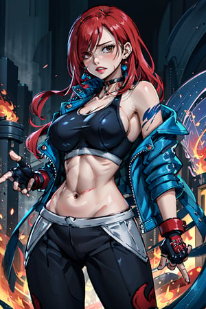 masterpiece, best quality, highres, 1girl, scar on cheek, large breasts, black choker, collarbone, blue jacket, cropped jacket, open jacket, sports bra, midriff, fingerless gloves, black gloves, black pants, , standing, cowboy shot, stair, outdoors, alone, solo, erza scarlet, fairy tail, red hair, hair over one eye, brown eyes, long hair, looking at viewer, tattoo on left arm, red color, bare shoulders
,fairy tail
