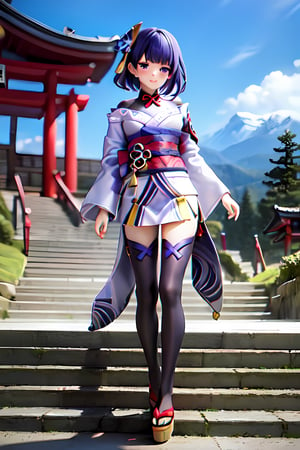 raidenshogundef, full body, smile, blush, outdoors, day, simple background, blue sky, short hair, sky, temple, looking at viewer, stairs, mountain, moody lighting, facing viewer,