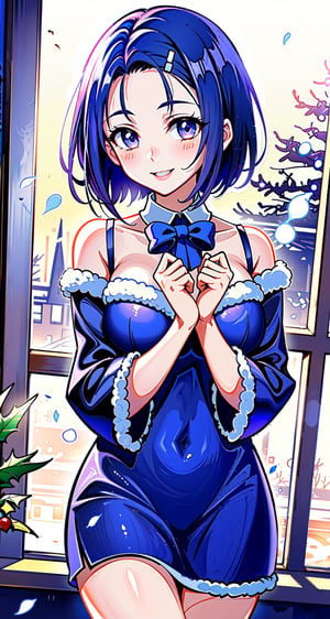 merry_christmas, smile,  christmas dress, in a snowball,haruna sairenji,aaharuna, short hair,  forehead,1 girl, in the classroom, midday, snowing through the window