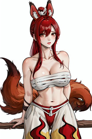 masterpiece, best quality, highres, fairy tail, 1girl, long hair, red hair, ponytail, white ribbon, hair over one eye, brown eyes, large breasts, collarbone, chest sarashi, bandage, bare arms, midriff, red hakama, red pants, white background, simple background, fox ears, tail, fox girl,  animal ear fluff, multiple tails, cleavage, looking at viewer,  fox tail, animal ears, 
