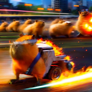 anime, masterpiece, best quality, absurdres, highres, ultra detailed, (capybara on a tank), tank in a motion, (motion blur, motion lines:1.4), (kawaii:1.3), (anime:1.4), cute, round eyes, (capybara wears sunglasses and a military cap), city, (explosion:1.2), capybara