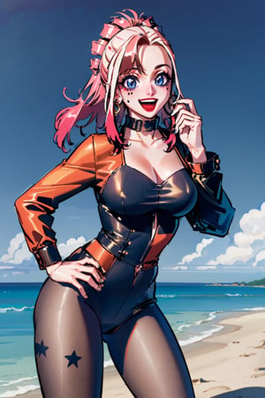 Forest night view, masterpiece, best quality, highres,  gold earrings, large breasts, jewelry, long sleeves, black pantyhose, outdoors, standing cowboy shot, smile, open mouth, hand on hip,pikkyharleyquinn,1girl,two-tone hair,multicolored hair, ((beach at night)),km1