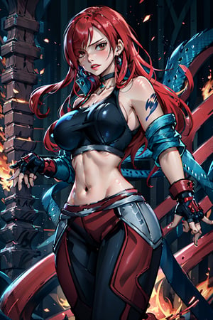 masterpiece, best quality, highres, 1girl, scar on cheek, large breasts, black choker, collarbone, blue jacket, cropped jacket, open jacket, sports bra, midriff, fingerless gloves, black gloves, black pants, , standing, cowboy shot, stair, outdoors, alone, solo, erza scarlet, fairy tail, red hair, hair over one eye, brown eyes, long hair, looking at viewer, tattoo on left arm, red color, bare shoulders, clenched fists, fairy tail
