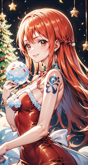 merry_christmas, smile, christmas dress, in a snowball,nami (one piece), long hair, orange hair, brown eyes, shoulder tattoo,Christmas,anime,1 girl