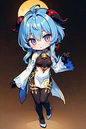 (chibi), full body, solo, 1girl, ganyu, , ganyu, blue hair, goat horns, horns, long hair, (purple eyes:1.1), sidelocks, (small breast:1.2), backless outfit, bare shoulders, bell, black gloves, black pantyhose, bodystocking, bodystocking under clothes, chinese knot, cowbell, detached sleeves, gloves, gold trim, high heels, long sleeves, neck bell, pantyhose, pelvic curtain, white sleeves, wide sleeves, beach, looking at viewer,(masterpiece:1.2), best quality, high resolution, unity 8k wallpaper, (illustration:0.8), (beautiful detailed eyes:1.6), extremely detailed face, perfect lighting, extremely detailed CG, (perfect hands, perfect anatomy),