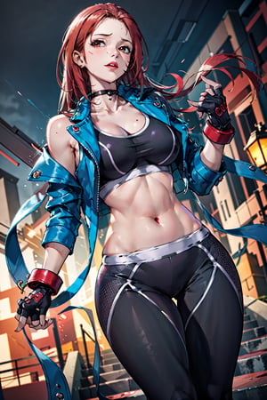 masterpiece, best quality, highres, 1girl, scar on cheek, large breasts, black choker, collarbone, blue jacket, cropped jacket, open jacket, sports bra, midriff, fingerless gloves, black gloves, black pants, , standing, cowboy shot, stair, outdoors, alone, solo, erza scarlet, fairy tail, red hair, brown eyes, long hair, looking at viewer,
