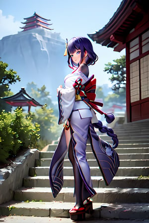 raidenshogundef, full body, smile, blush, outdoors, day, simple background, blue sky, short hair, sky, temple, looking at viewer, stairs, mountain, moody lighting, facing viewer,long hair