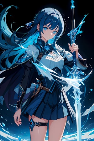 ((masterpiece, best quality)),a girl holding a sword, in the style of dark azure and light azure, mixes realistic and fantastical elements, vibrant manga, uhd image, glassy translucence, vibrant illustrations。
