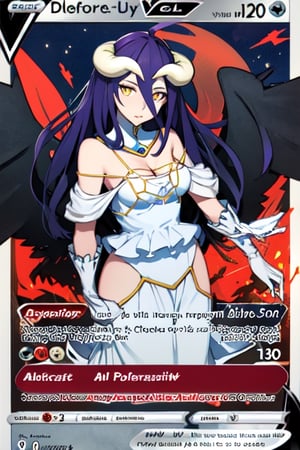 yugioh_card, masterpiece, best quality, highres, al1, demon horns, slit pupils, white gloves, white dress, bare shoulders, detached collar, cleavage, black wings, feathered wings, low wings, , cowboy shot, field, ruins, night, standing, hand on hip,Pokemon Card