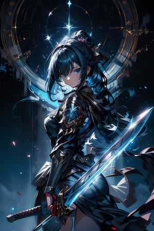 ((masterpiece, best quality)),a girl holding a sword, in the style of dark azure and light azure, mixes realistic and fantastical elements, vibrant manga, uhd image, glassy translucence, vibrant illustrations, midjourney