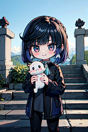 (chibi), full body, solo, 1girl, yelan_\(genshin_impact\),  upper body, smile, blush, outdoors, day, simple background, blue sky, short hair, sky, temple, looking at viewer, stairs, mountain, moody lighting, facing viewer,