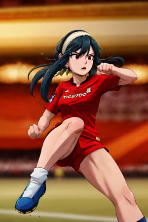 (kicking the ball,wearing soccer_uniform:1.3),red uniform,kicking the ball,
good hand,4k, high-res, masterpiece, best quality, head:1.3,((Hasselblad photography)), finely detailed skin, sharp focus, (cinematic lighting), collarbone, night, soft lighting, dynamic angle, [:(detailed face:1.2):0.2],(((inside_soccer_field))), outside, BBYORF, short hair with long locks, white hairband, red eyes, gold earrings, large breasts, jewelry, off shoulder, red sweater, sweater dress, long sleeves, black pant,wearing soccer_uniform