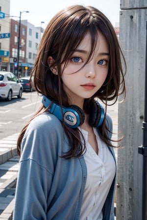  miku nakano, long hair, bangs, blue eyes, brown hair, shirt, hair between eyes, headphones, cardigan, headphones around neck