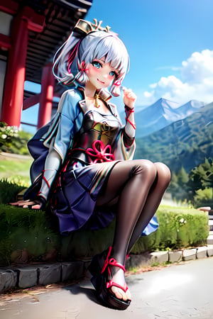 kamisatoayakadef, full body, sitting, smile, blush, outdoors, day, simple background, blue sky, short hair, sky, temple, looking at viewer, sitting on stairs, mountain, moody lighting