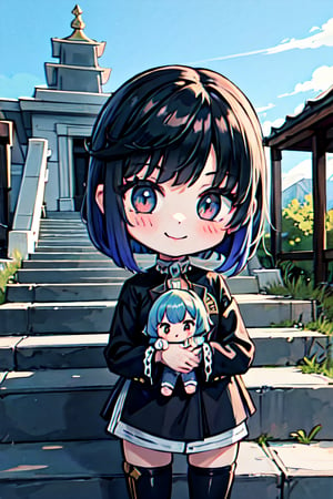 (chibi), full body, solo, 1girl, yelan_\(genshin_impact\),  upper body, smile, blush, outdoors, day, simple background, blue sky, short hair, sky, temple, looking at viewer, stairs, mountain, moody lighting, facing viewer,