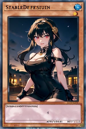 yugioh_card,BBYORF, masterpiece, best quality, highres, aayorf, sidelocks, gold hairband, hair ornament, red eyes, gold earring, large breasts, choker, bare shoulders, black dress, two-sided dress, fingerless gloves, thigh boots, , cowboy shot, standing, looking at viewer, outdoors, night