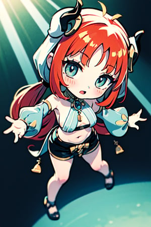 (chibi), full body, solo, 1girl,nilou \(genshin impact\),  (open mouth, dancing, from above:1.2),1girl, standing, gold footwear, bangs, blush, breasts, bridal gauntlets, cape, detached sleeves, horns, jewelry, navel, parted lips, revealing clothes, sitting, solo, thighs(masterpiece, best quality, ultra-detailed), (beautiful detailed face, beautiful detailed eyes),mksks style, beautiful background, (beautiful fjord, holographic interface, lens flare, chromatic aberration:1.2),