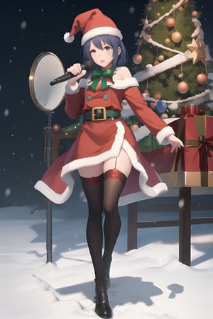 red Santa Claus costume, big waist, big thighs, medium chest, horrible lips, extremely sexy, Santa's helper costume, green costume with red details, long thigh-high stockings, fluffy coat, coat big Santa hat, background of a huge square, snow, giant Christmas tree

1girl, (singing, holding microphone), headphones,  bare shoulders, skindentation

atmospheric scene, masterpiece, best quality (detailed face, detailed skin texture, ultra detailed body), (cinematic light: 1.1), r0seb7rne-smf, extremely detailed CG, unity 8k wallpaper, ultra detailed, highly detailed | High resolution, best quality, extremely detailed, horror style, area lighting, hourglass figure, HD, 8k,(full body), short hair,aaharuna