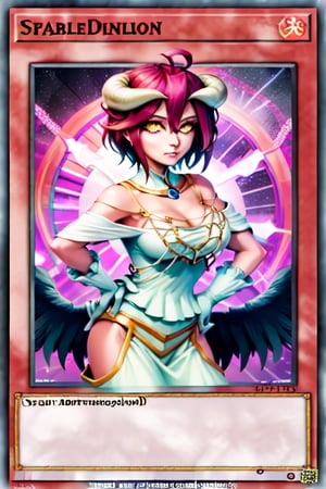 yugioh_card, masterpiece, best quality, highres, al1, demon horns, slit pupils, white gloves, white dress, bare shoulders, detached collar, cleavage, black wings, feathered wings, low wings, , cowboy shot, field, ruins, night, standing, hand on hip