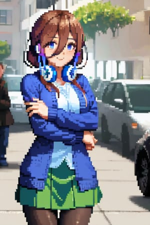  miku nakano, brown hair, hugging, breast press, symmetrical docking, hair between eyes, smile, pantyhose, green skirt, blue cardigan, headphones, highly detailed, absurdres, masterpiece,  ,PixelArt