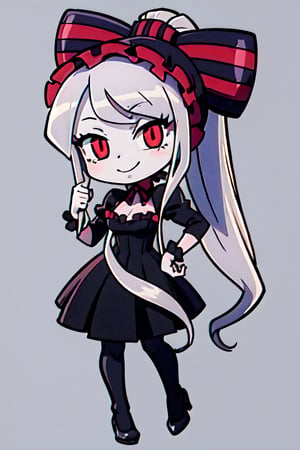 (chibi), full body, solo, 1girl,shalltear, gray hair, very long hair, medium breasts, red eyes, pony tail, bonnet, hair bow, black dress, looking at viewer, seductive smile, captivating pose, cowboy shot, evil smile, simple background