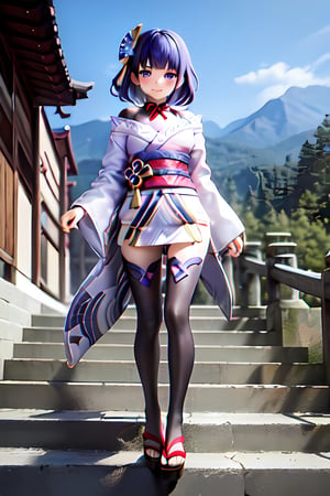 raidenshogundef, full body, smile, blush, outdoors, day, simple background, blue sky, short hair, sky, temple, looking at viewer, stairs, mountain, moody lighting, facing viewer,