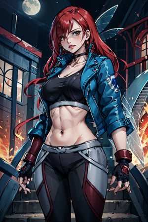 masterpiece, best quality, highres, 1girl, scar on cheek, large breasts, black choker, collarbone, blue jacket, cropped jacket, open jacket, sports bra, midriff, fingerless gloves, black gloves, black pants, , standing, cowboy shot, stair, outdoors, alone, solo, erza scarlet, fairy tail, red hair, hair over one eye, brown eyes, long hair, looking at viewer, tattoo on left arm, red color, fairy tail
,fairy tail
