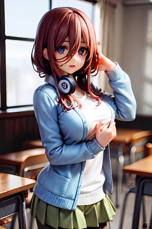 mikunakano,solo,1girl , miku nakano, long hair, bangs, blue eyes, brown hair, shirt, hair between eyes, headphones, cardigan, headphones around neck,BREAK skirt, shirt, long sleeves, white shirt, pantyhose, pleated skirt, black pantyhose, cardigan, green skirt, blue cardigan,BREAK indoors, classroom,BREAK looking at viewer, BREAK , (masterpiece:1.2), best quality, high resolution, unity 8k wallpaper, (illustration:0.8), (beautiful detailed eyes:1.6), extremely detailed face, perfect lighting, extremely detailed CG, (perfect hands, perfect anatomy),