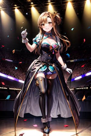 ((masterpiece, best quality), detailed, highres, extremely detailed, beautiful detailed eyes, ultra-detailed),1girl, solo, full body,cleavage, playing,((crown, gloves, dress,mfs)),((Idol girl in dress dancing on stage with confetti)),smile, splash art anime,(long hair,brown hair,(brown eyes:2) ),asuna yuuki