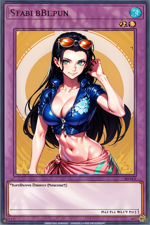 yugioh_card,masterpiece, best quality,nico robin, wanostyle, 1girl, aqua eyes, black hair, breasts, cleavage, closed mouth, collared jacket, cowboy shot, crop top, cropped jacket, eyewear on head, hair slicked back, hand up, high collar, jacket, large breasts, long hair, looking at viewer, midriff, navel, plunging neckline, pose, sarong, short sleeves, smile, solo, standing, stomach, sunglasses, very long hair, flower drawing on jacket